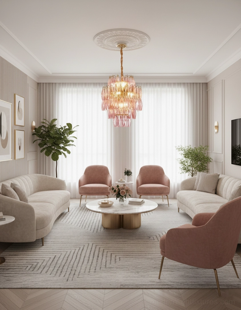 Modern tiered pink glass chandelier panoramic view in bright contemporary living room, geometric light refraction
