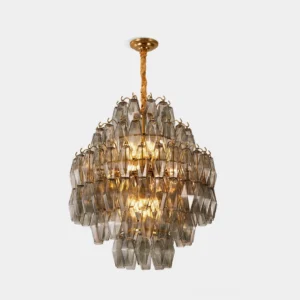 Kaelis tiered glass chandelier with faceted prisms in smoky gray finish, front studio view with gold metal hardware