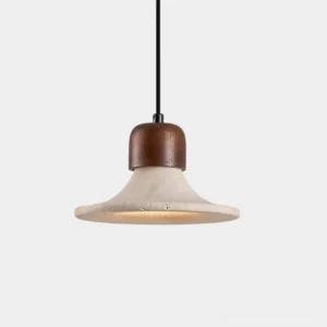 Kairi travertine pendant light with walnut accent, front studio view showing flared natural stone shade and sculptural form