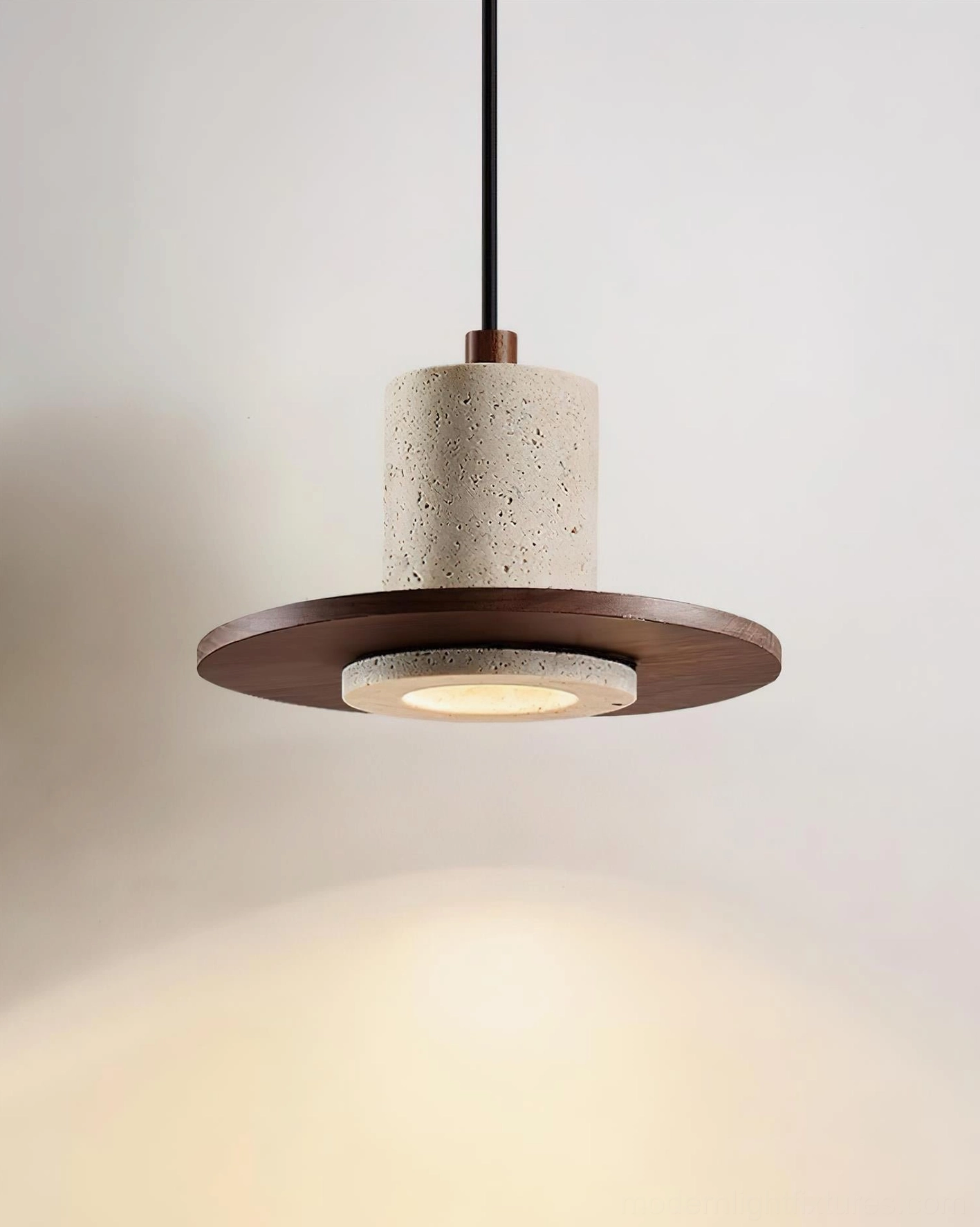 Kalea pendant lamp architectural detail showing wooden disc and travertine ring construction