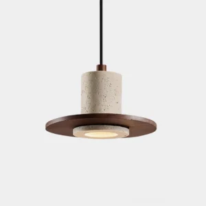 Kalea walnut and travertine modern pendant light with warm recessed lighting detail