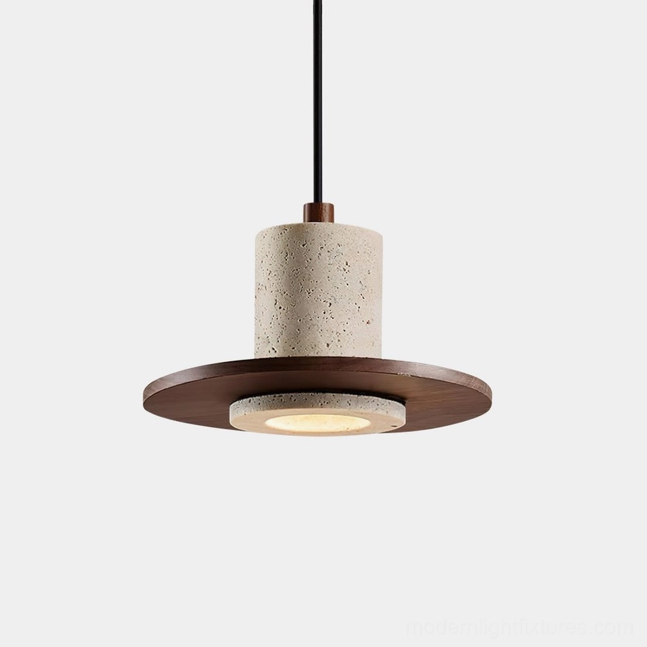 Kalea walnut and travertine modern pendant light with warm recessed lighting detail