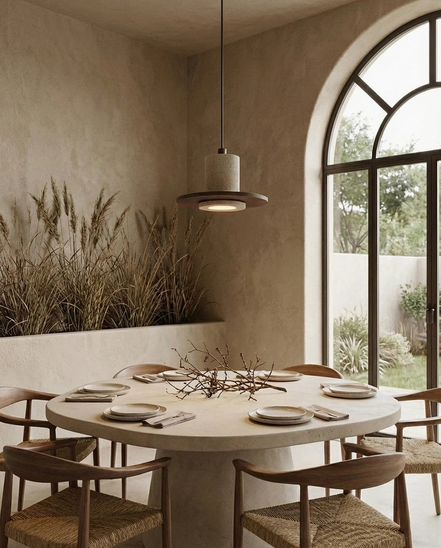 Kalea pendant lamp close-up showing natural travertine stone texture and walnut wood finish