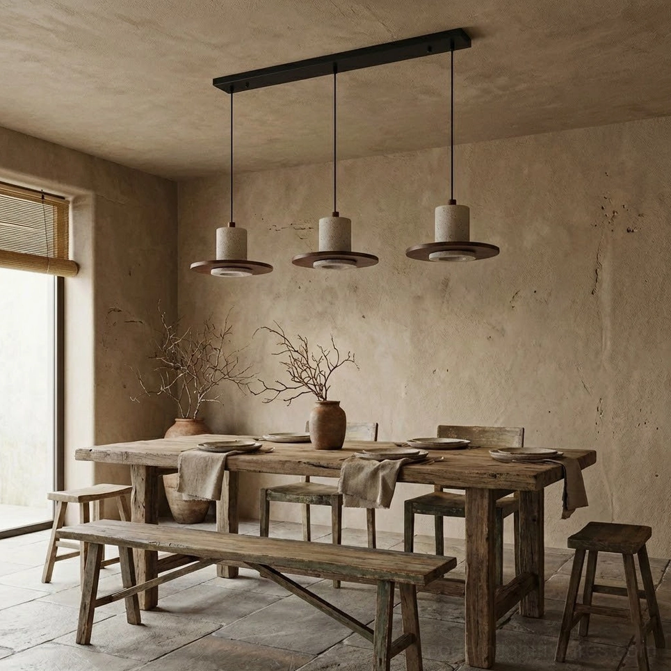 Kalea three head pendant lamp in wabi-sabi style dining space with solid wood table and textured stone walls