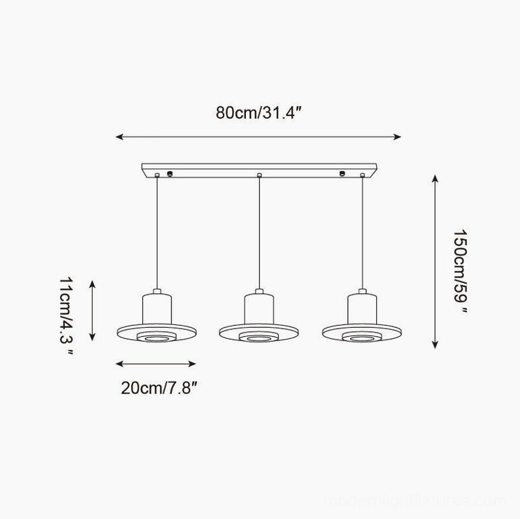 Kalea triple head linear pendant light technical drawing 80cm length specifications