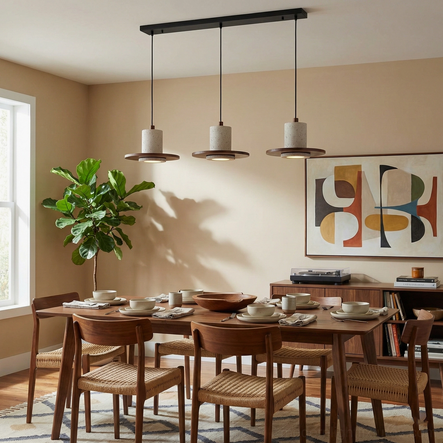 Triple head Kalea pendant light installed in modern rustic dining room with wooden furniture