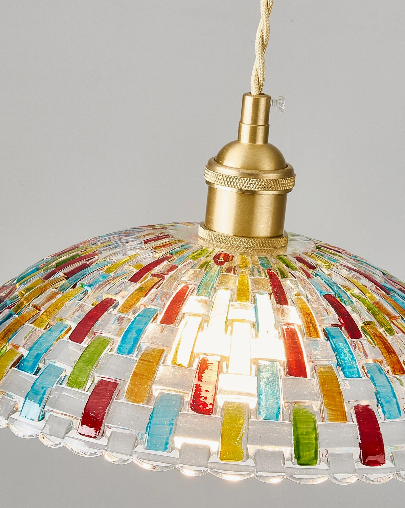 Kaleido bohemian mosaic glass hanging pendant light full fixture view with brass hardware and vibrant colored glass shade