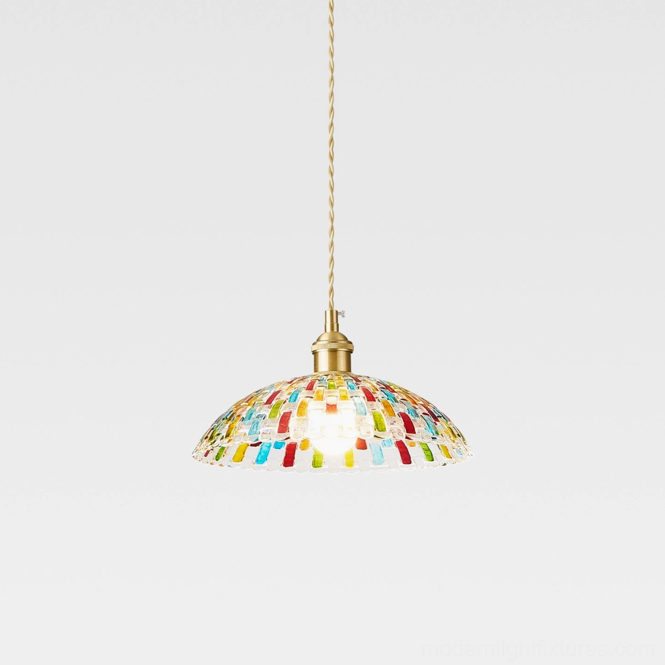 Kaleido compact mosaic glass pendant fixture studio view showing smaller dome shade with vibrant colored glass