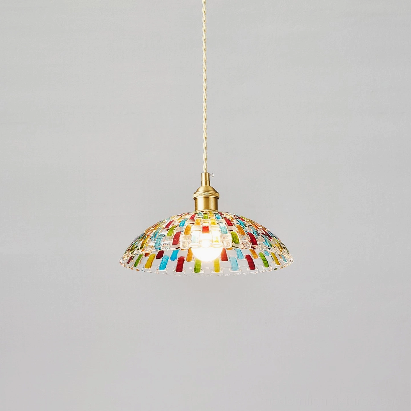Kaleido stained glass pendant lamp detailed view of brass fixture hardware and multicolor glass mosaic arrangement