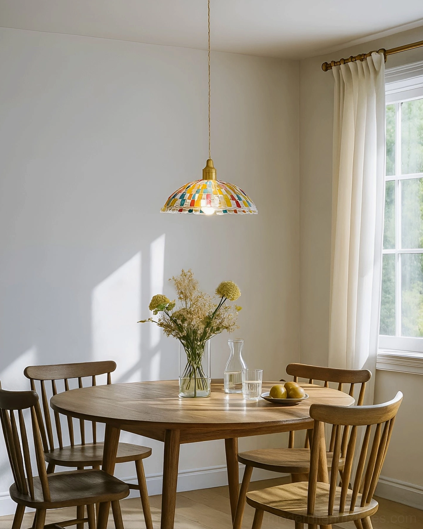 Kaleido mosaic glass pendant light hanging above rustic wooden dining table, warm ambient lighting from stained glass fixture