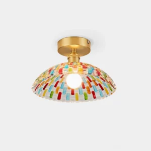 Kaleido mosaic glass ceiling light fixture with hand-cut multicolor glass dome and brass mount, studio front view