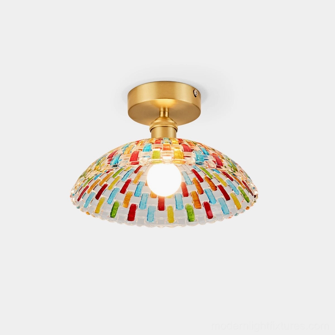 Kaleido mosaic glass ceiling light fixture with hand-cut multicolor glass dome and brass mount, studio front view