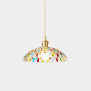 Kaleido hand-crafted mosaic glass pendant light with multicolor stained glass tiles and brass fixture, front low-angle studio view