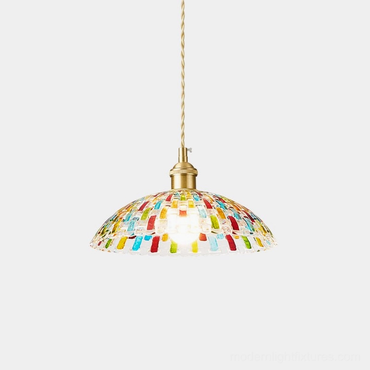 Kaleido hand-crafted mosaic glass pendant light with multicolor stained glass tiles and brass fixture, front low-angle studio view