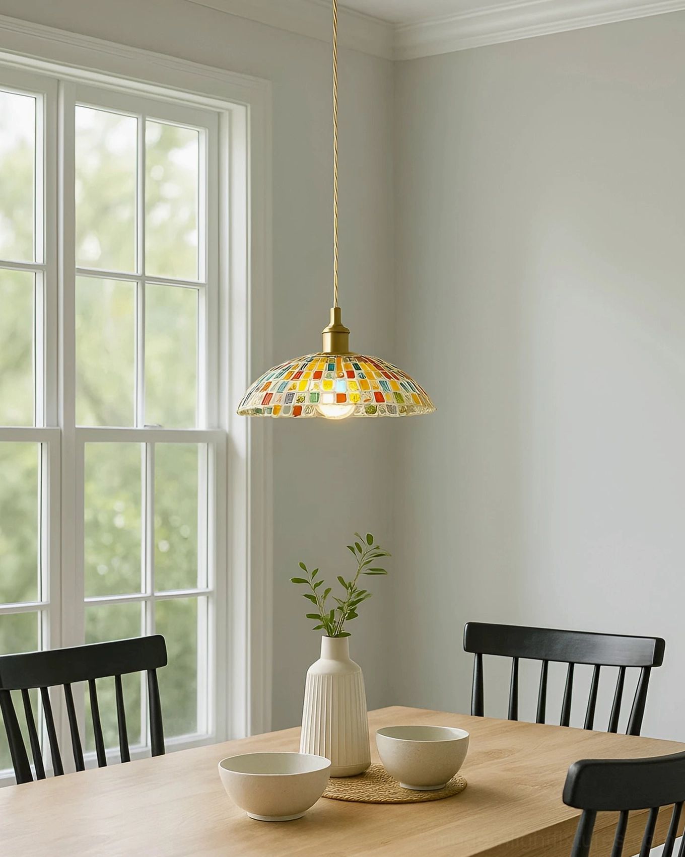 Kaleido bohemian mosaic glass pendant suspended in bright dining room with black spindle-back chairs, natural window light