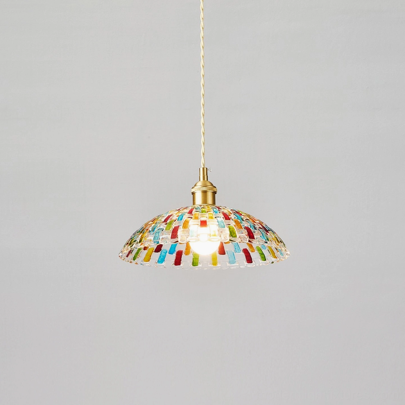 Kaleido mosaic pendant light front view highlighting warm brass gold fixture hardware and multicolor glass tiles