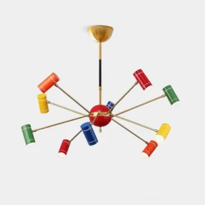Kaleido Modern Sputnik Chandelier overhead view with multicolor cylindrical shades, red core sphere, and brass gold frame on white background