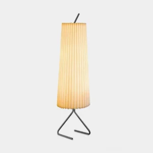 Kalmar modern floor lamp with pleated cylindrical shade and black metal tripod base on white background studio view