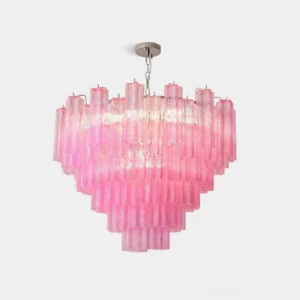 Heart-shaped tiered glass tube chandelier with frosted pink glass and silver metal fixtures in overhead studio view