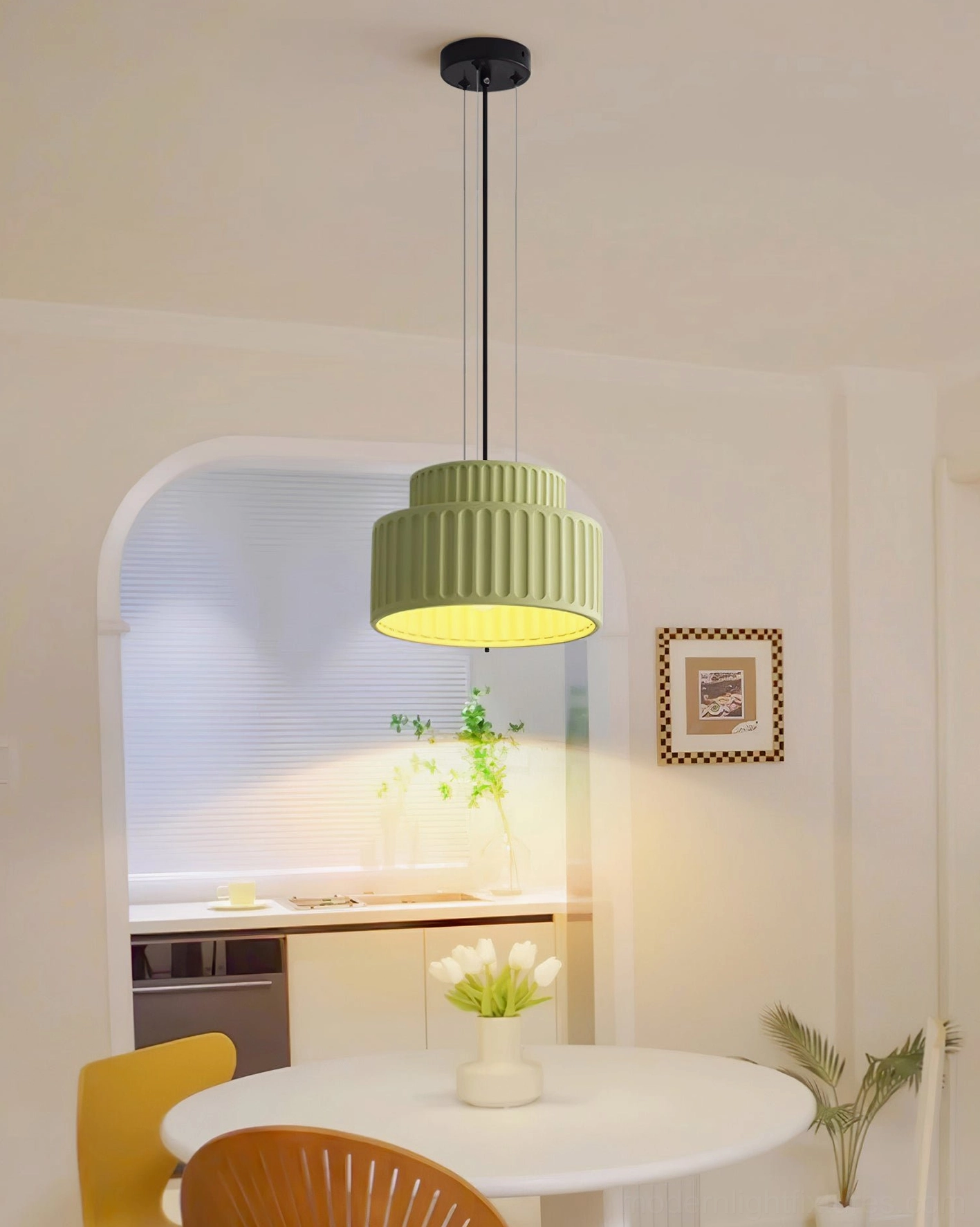 Kami pendant light close-up detail showing pleated ribbed texture and premium matte resin construction