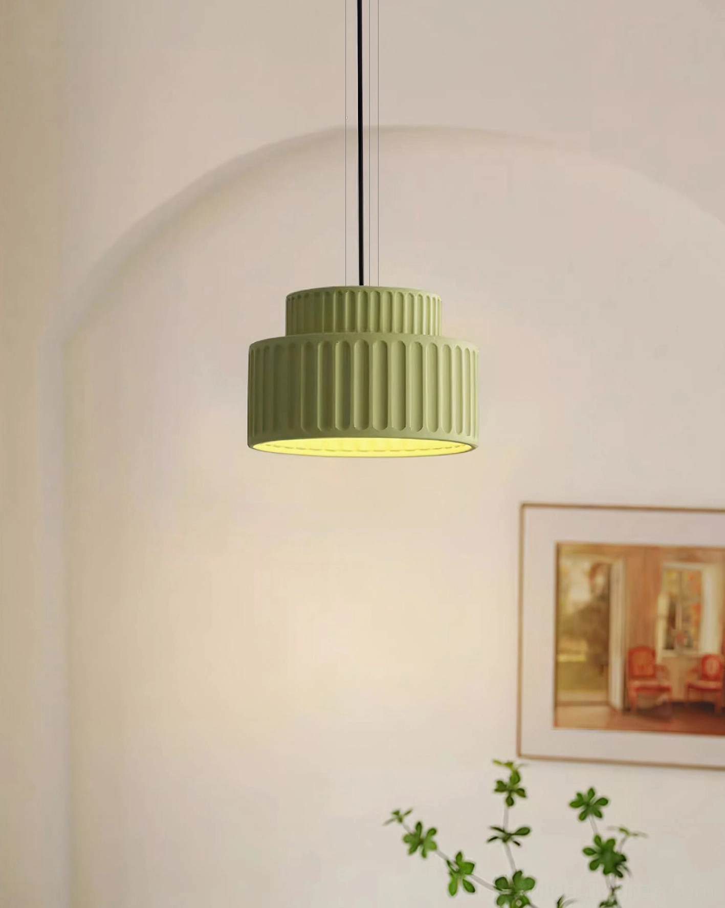 Kami pendant lamp installed in contemporary space, showing installation height and ambient lighting effect