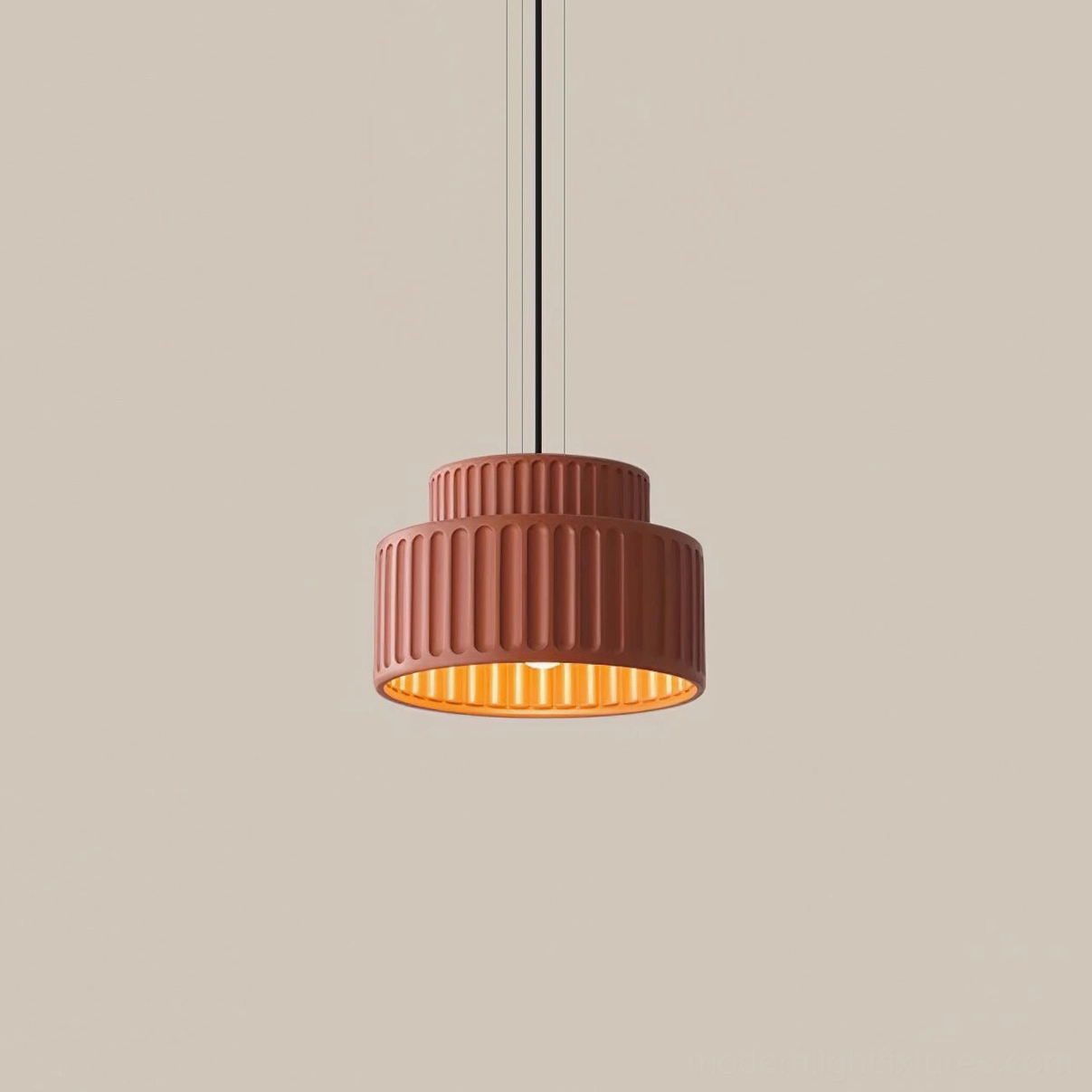 Orange Kami pleated pendant fixture with warm color finish, modern pendant light design detail