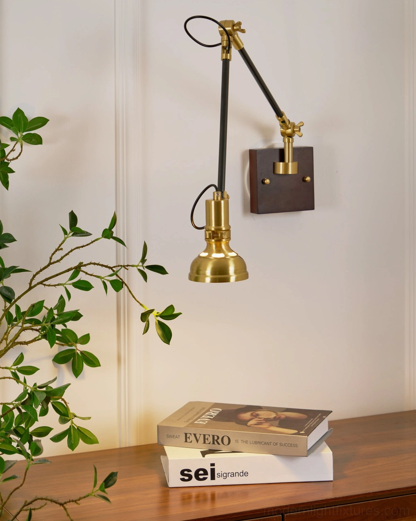Kane brass and walnut swing arm sconce complete side angle view showing design profile