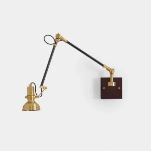 Kane brass and walnut swing arm wall sconce front view with adjustable arm on white background