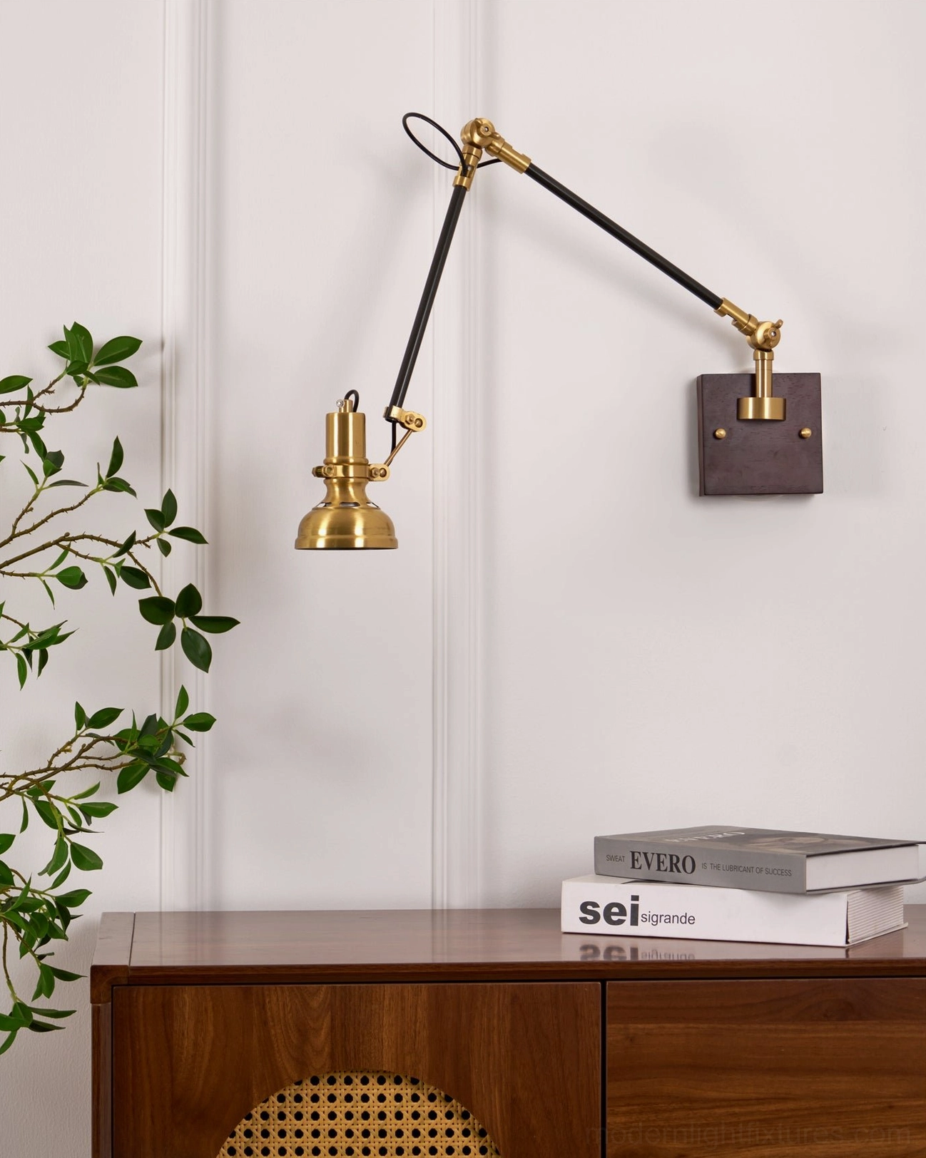 Kane swing arm wall sconce mid-century modern brass fixture with adjustable positioning