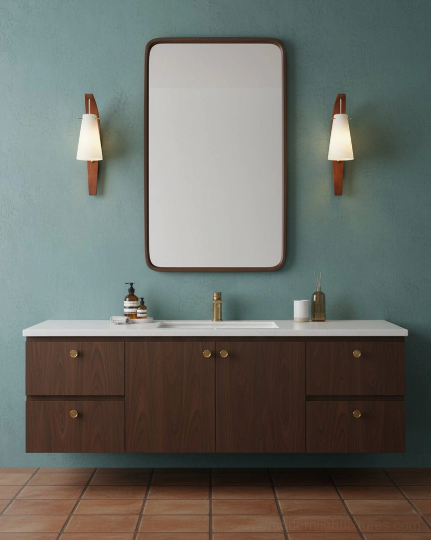 Matching pair of Karo wall sconces flanking bathroom vanity mirror in mid-century modern style