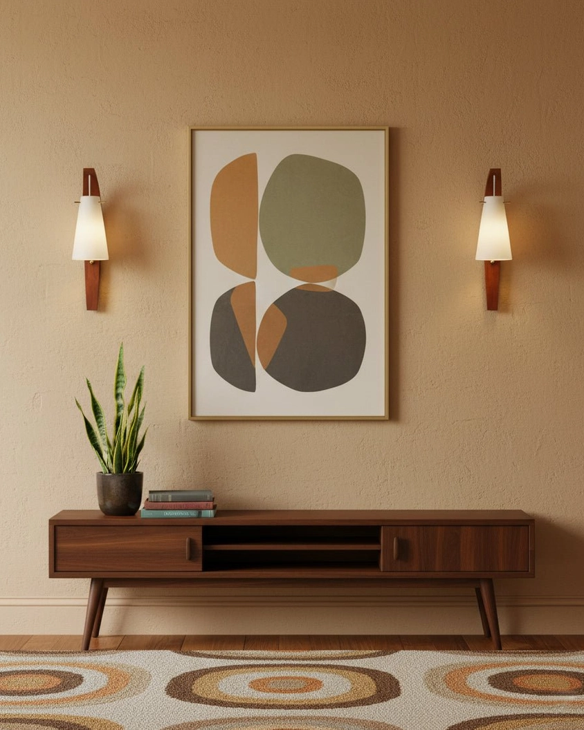 Twin Karo wall sconces in mid-century modern living room with abstract wall art and wooden sideboard