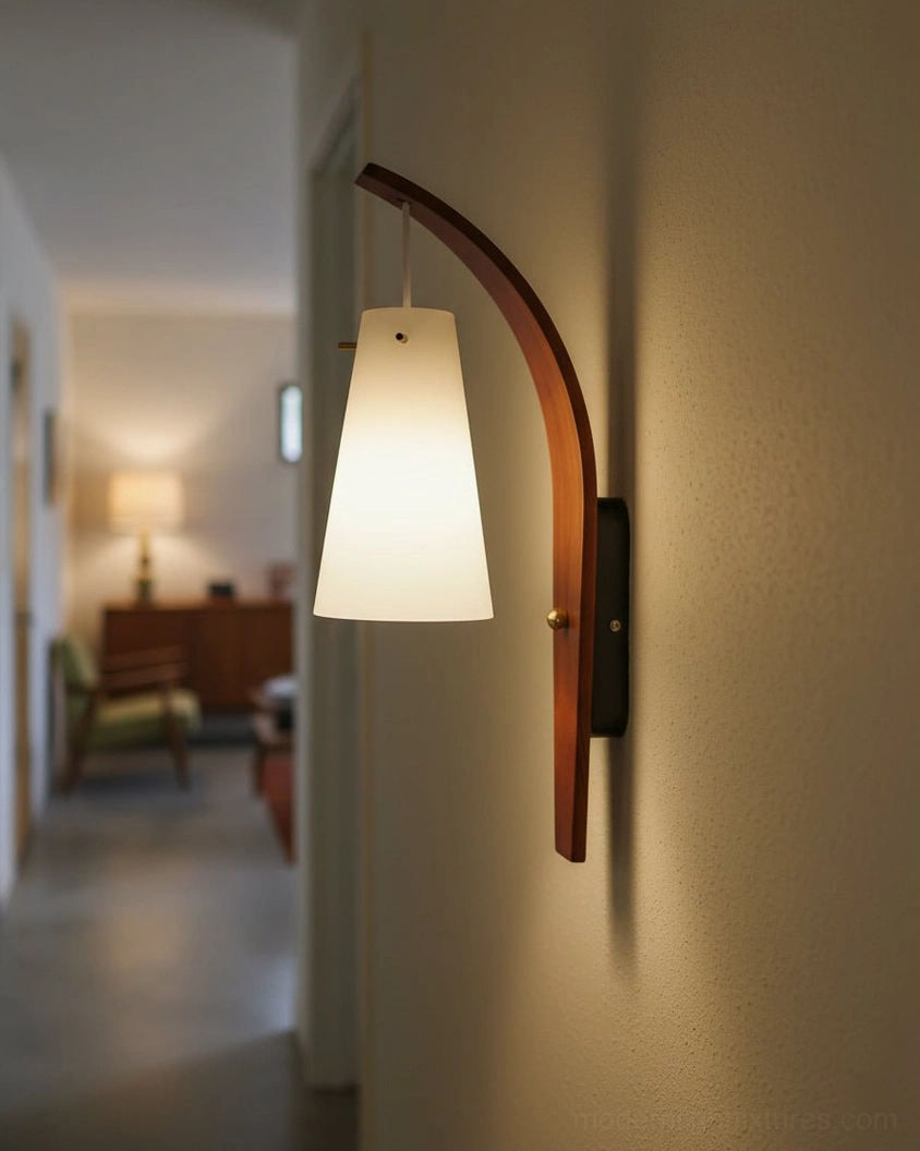 Karo wall lamp with frosted glass shade and warm brass hardware in walnut wood finish