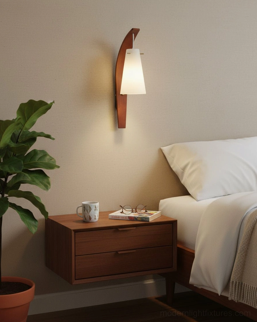 Karo wooden wall sconce installed in bedroom bedside nook near wooden nightstand and bedding