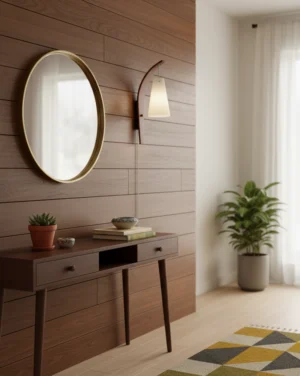 Karo plug-in wall sconce installed in entryway corner with wood panel wall, paired with walnut console table and round mirror