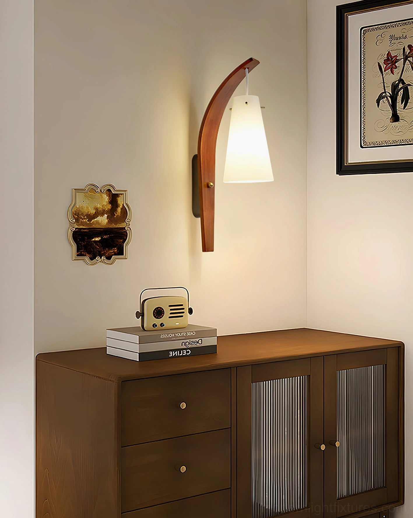 Karo wall sconce mounted in retro living room corner near wooden storage cabinet