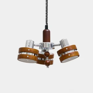 Karry mid-century modern 3-light pendant chandelier with walnut wood and chrome hardware displayed in minimalist white studio setting showing front overhead view