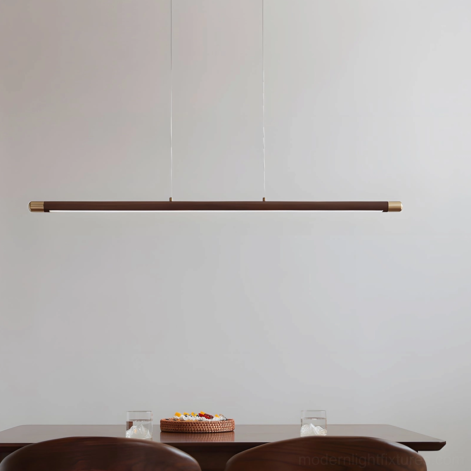 Karsen horizontal wood pendant light fixture with suspended cables in modern minimalist space