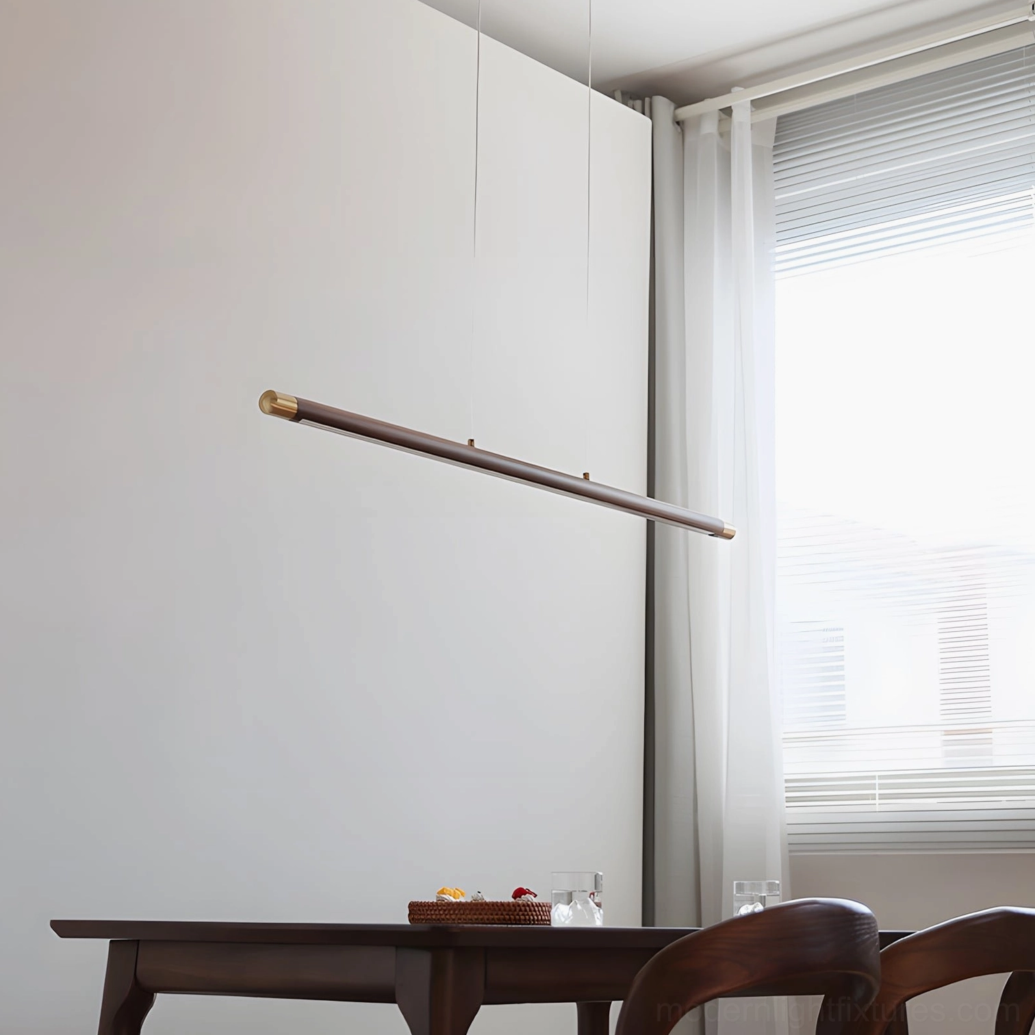 Linear wood pendant light with integrated LED technology in modern minimalist interior setting
