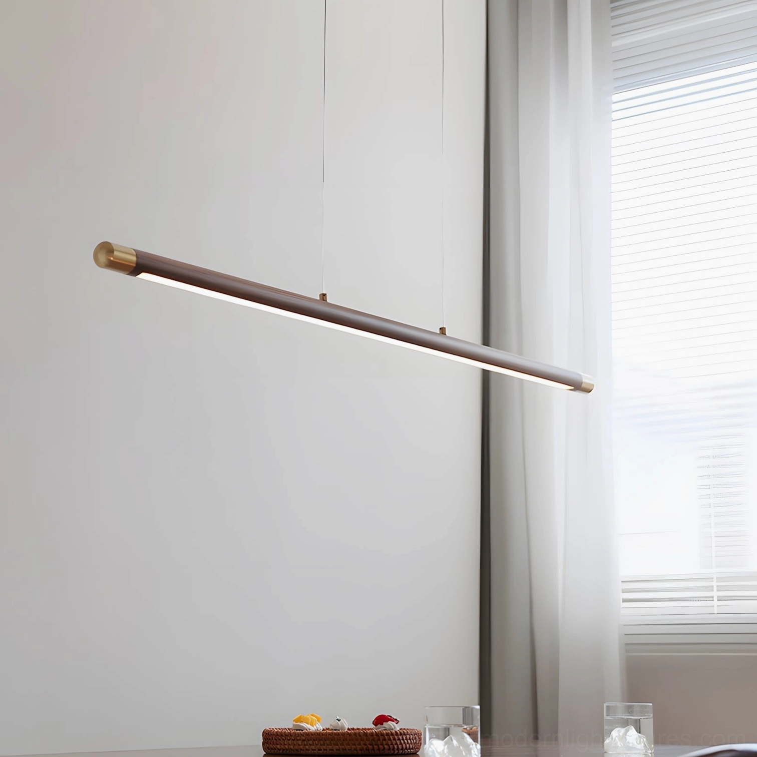 Contemporary linear wood chandelier with brass accents in Japandi Nordic design home interior