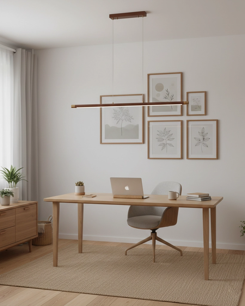Contemporary wood pendant lamp in Nordic minimalist home office above wooden desk workspace