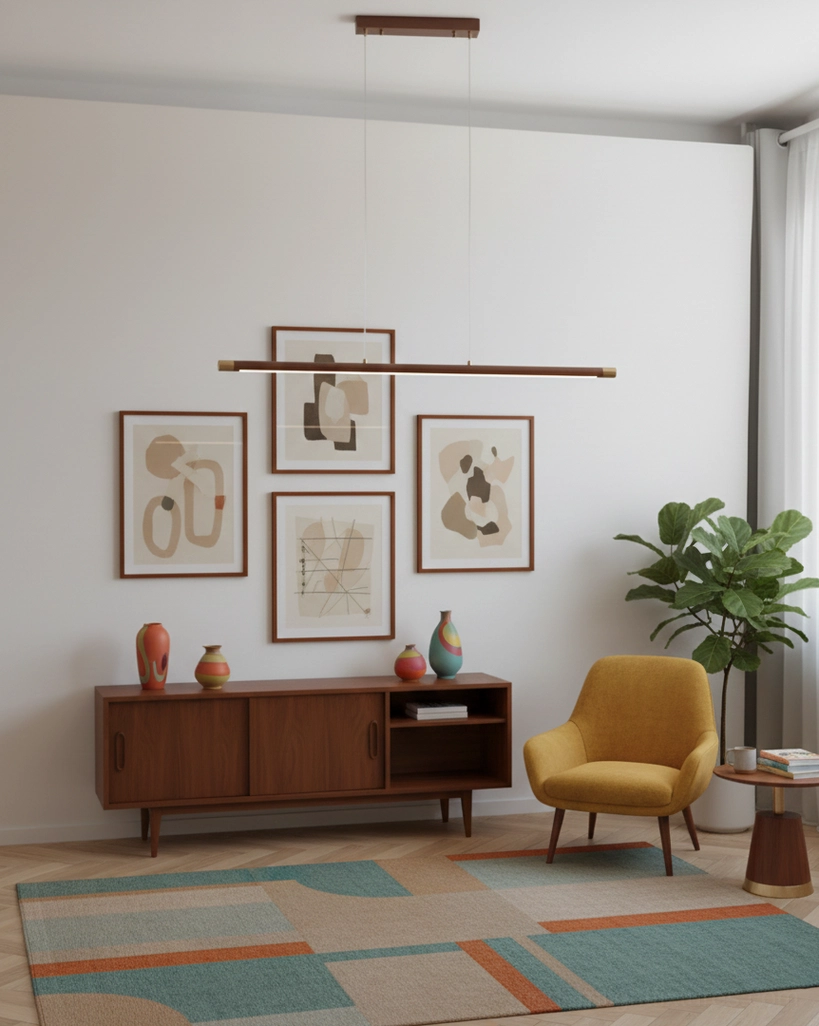 Contemporary pendant light fixture mounted above gallery art wall in mid-century modern living room