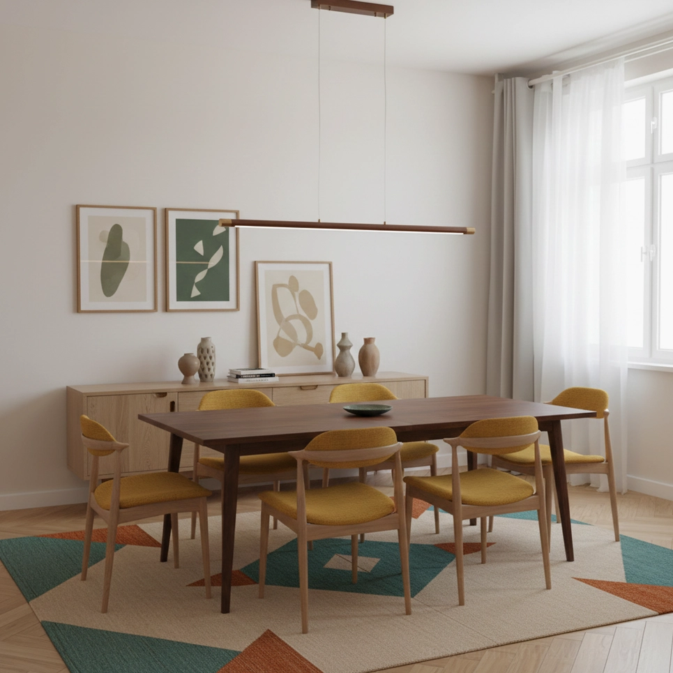 Karsen wood chandelier suspended above dining table with yellow chairs in mid-century modern dining room