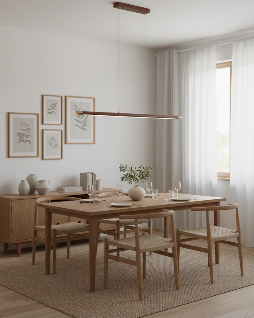 Karsen wood pendant chandelier in formal dining area with warm neutral interior design aesthetic