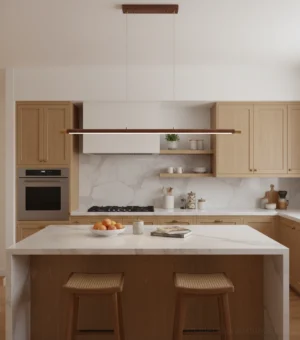 Modern linear wood pendant light fixture installed above kitchen island with brass hardware and warm LED glow