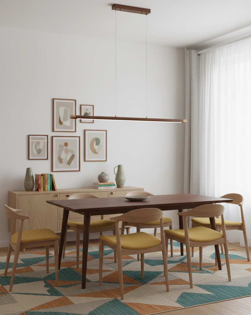 Karsen linear wood pendant light above dining set in Scandinavian Nordic interior design space