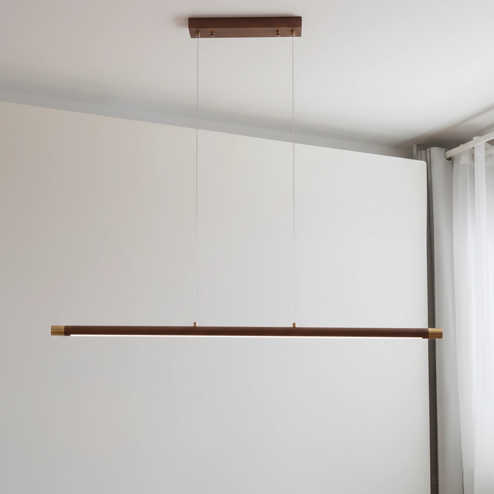 Karsen pendant chandelier brass walnut finish modern LED fixture side angle view architectural design