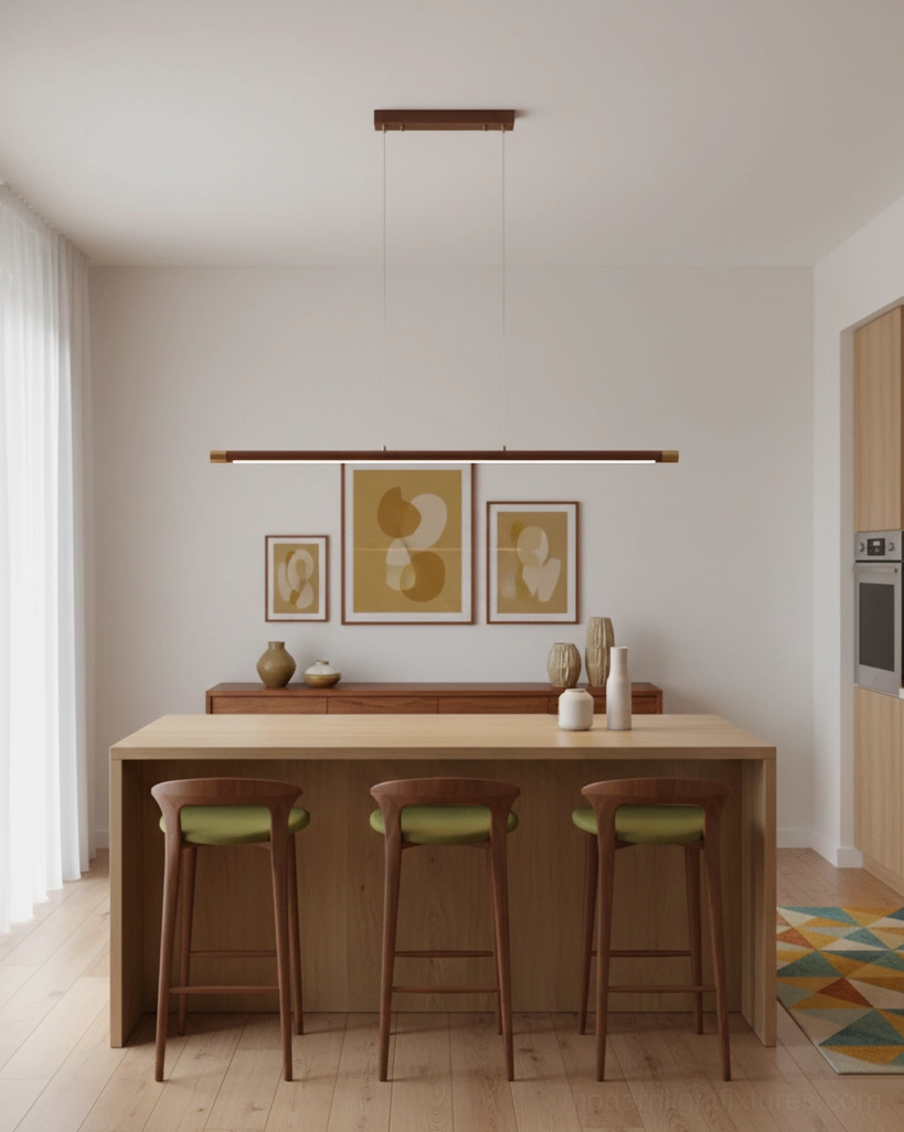 Modern linear wood chandelier installed above kitchen breakfast bar with green cushioned stools