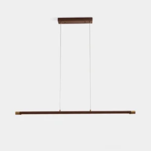 Karsen linear wood pendant chandelier front view with walnut finish and brass end caps on white background