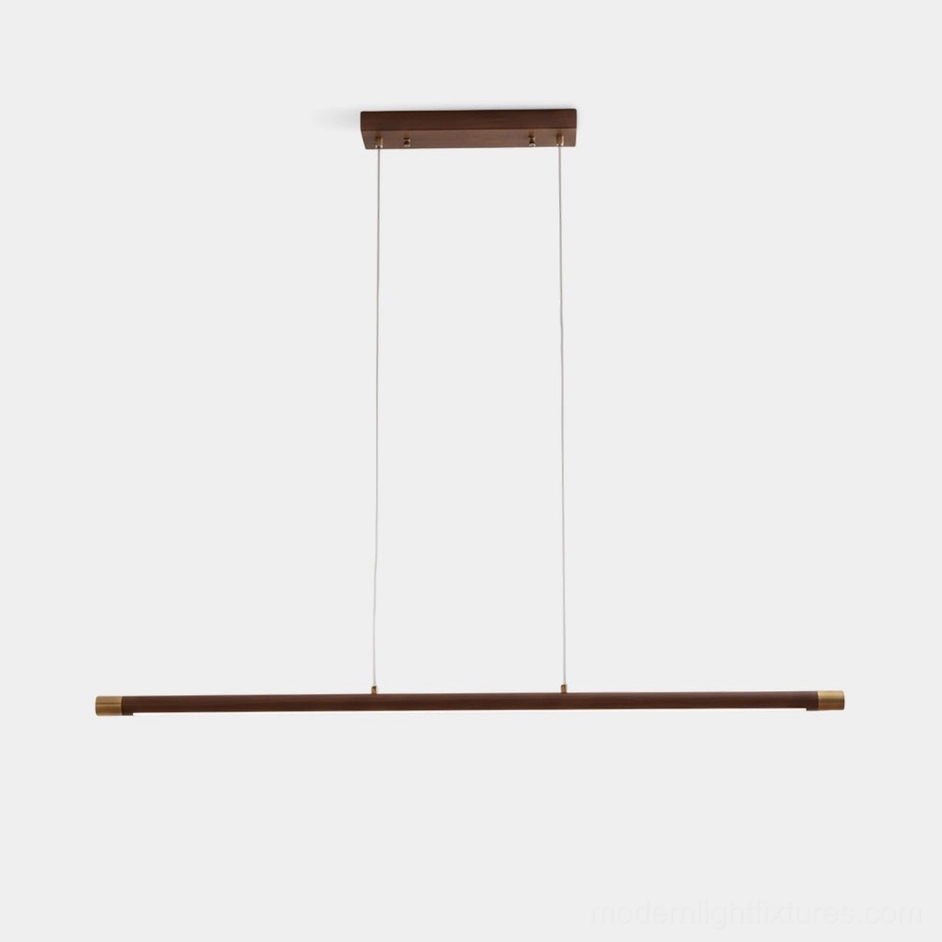 Karsen linear wood pendant chandelier front view with walnut finish and brass end caps on white background