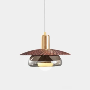 Kasa walnut pleated pendant light with smoked glass shade and brass gold hardware, front studio view